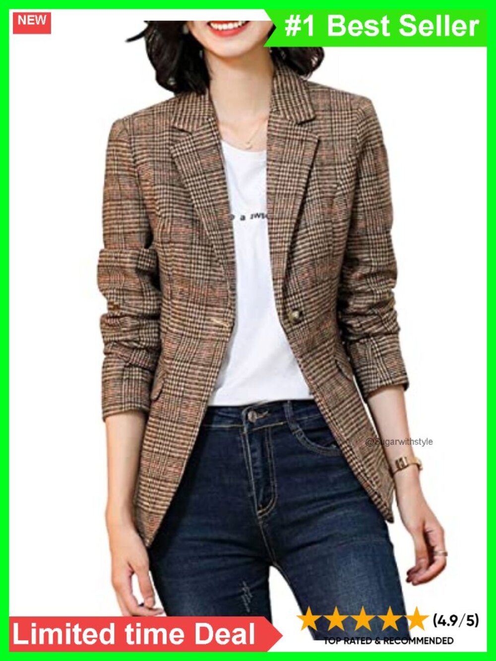 Double Breasted Houndstooth Plaid Blazer Jacket